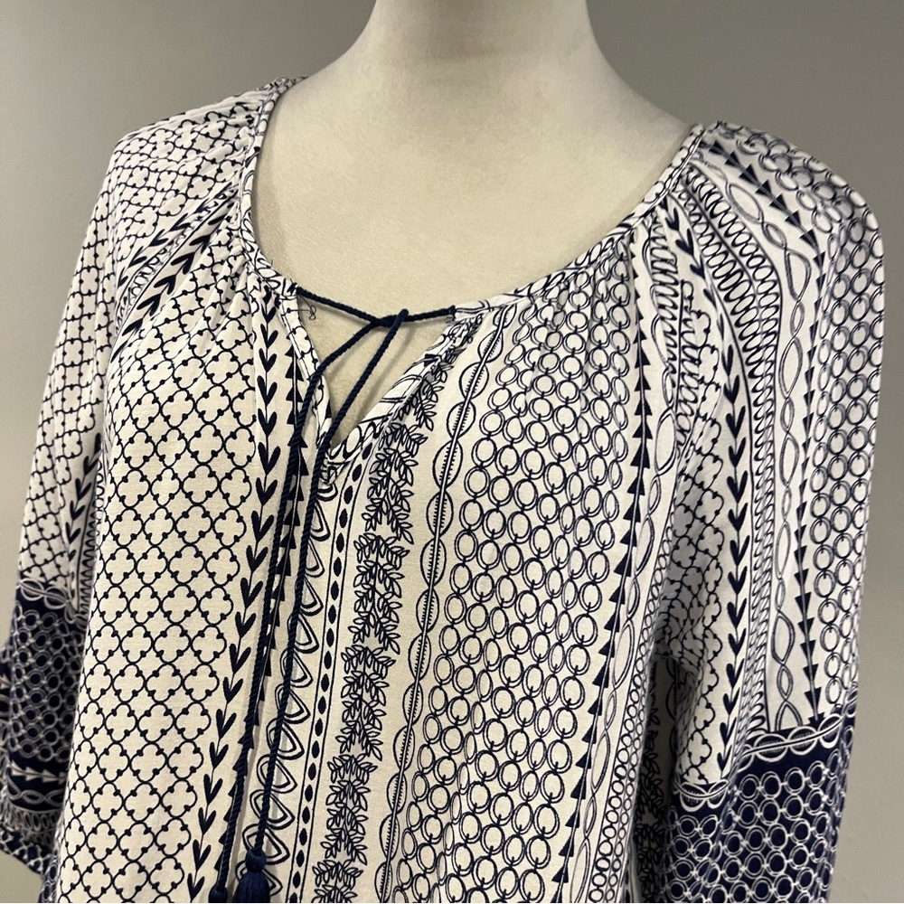 Tanzara Navy and White geometric print loose fit mini Dress size large - Picture 3 of 15